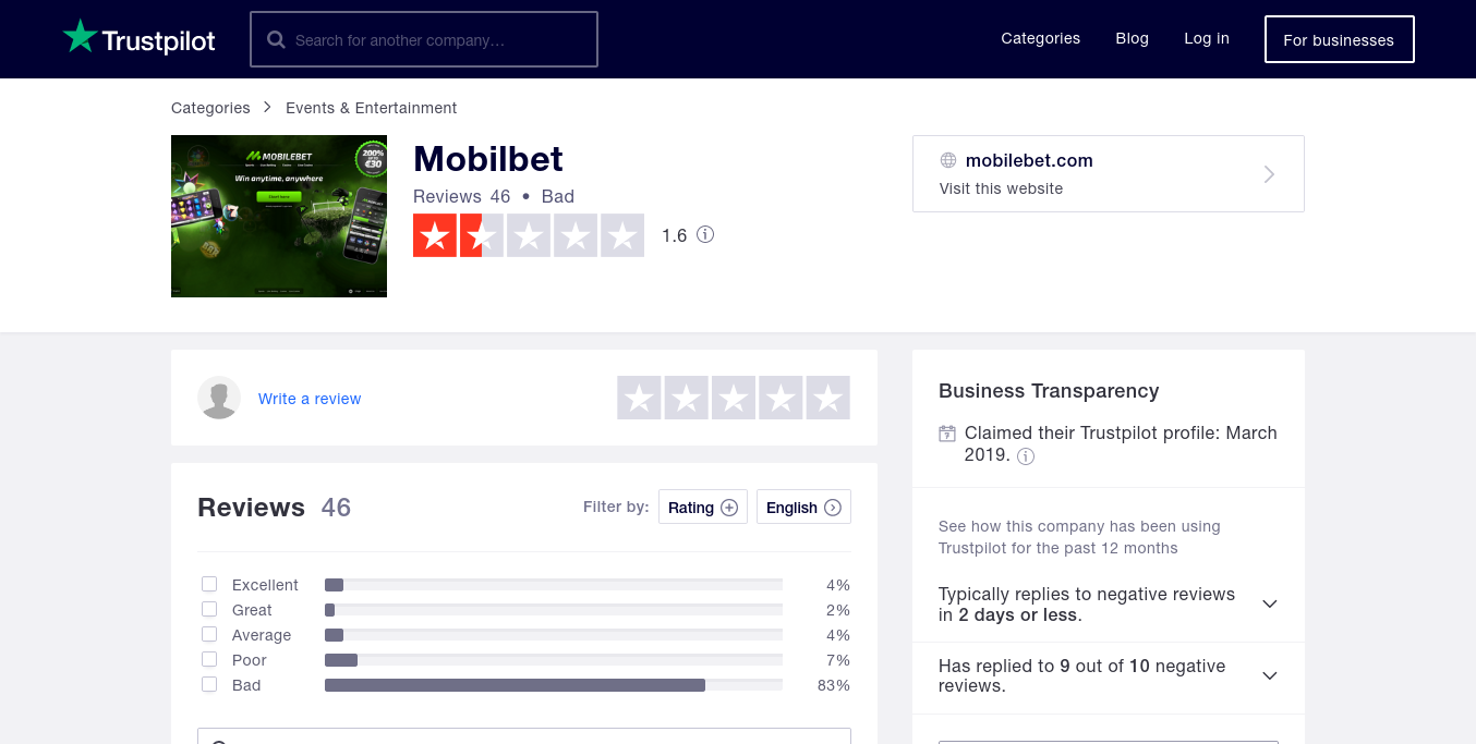 Trustpilot Rating of Mobilebet
