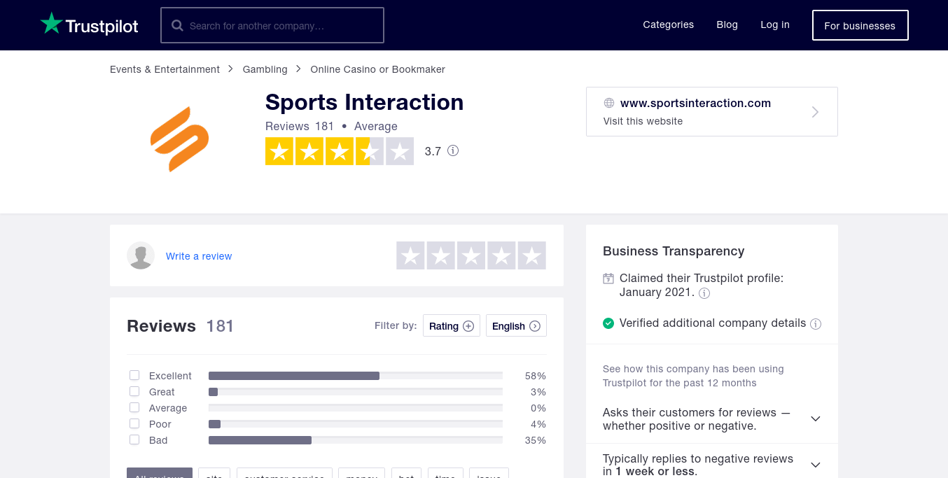 Trustpilot Rating of Sports Interaction