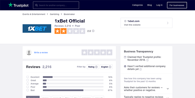 Trustpilot Rating of 1xBet