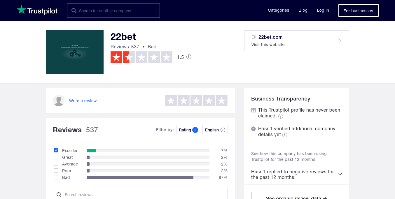 Trustpilot Rating of 22Bet