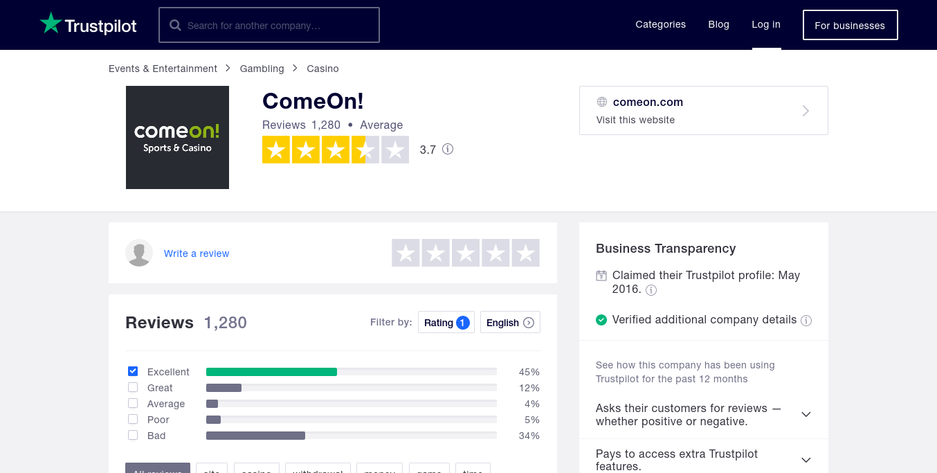 Trustpilot Rating of ComeOn!