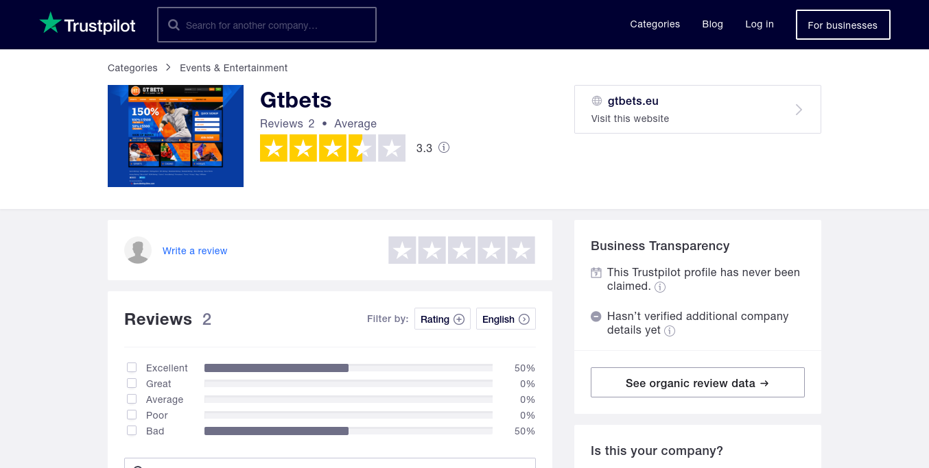 Trustpilot Rating of GTbets