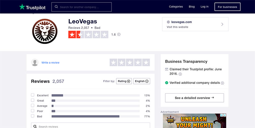 Trustpilot Rating of LeoVegas